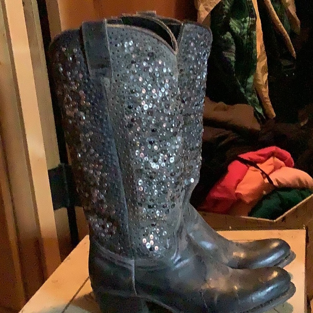 Frye Gray Sequin Heeled Boots
